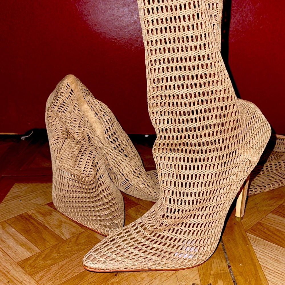 Fishnet thigh high heels, no diamonds, nude color